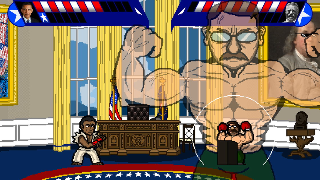 Electoral Carnage match on the Oval Office stage with pixel presidents and red and blue HUD bars
