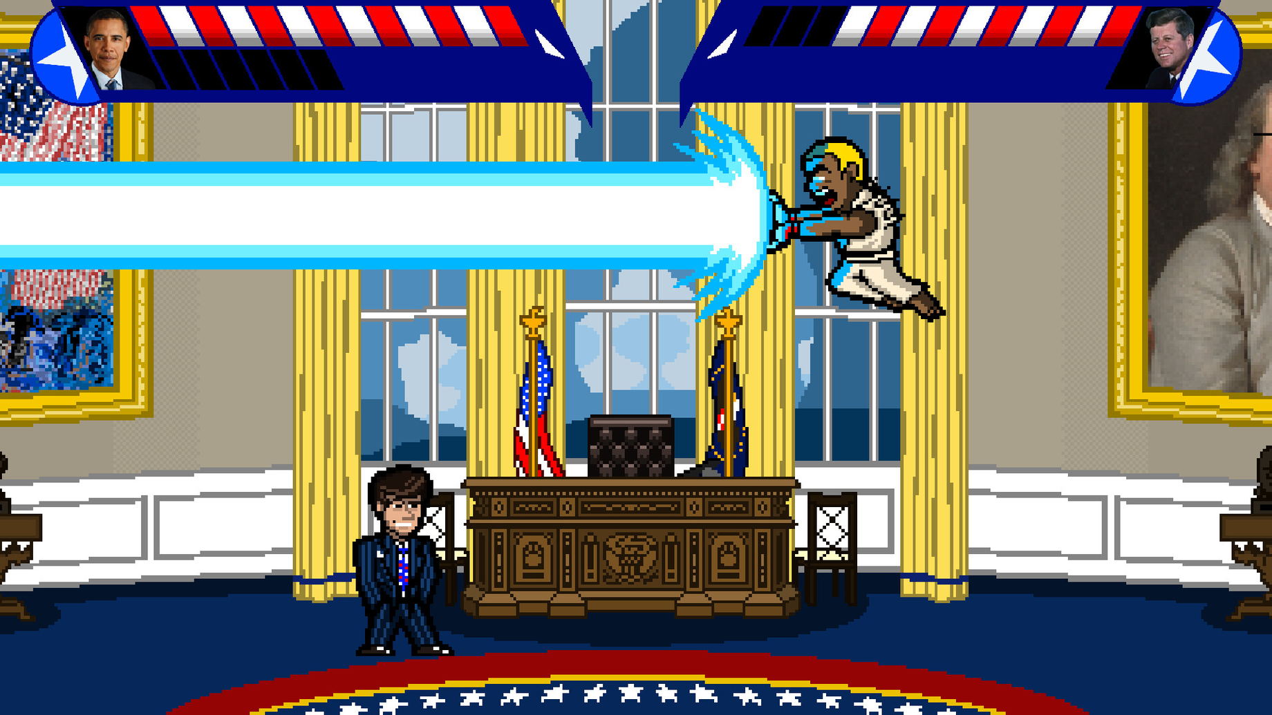 A presidential fighter fires a wide horizontal energy beam across the Oval Office stage